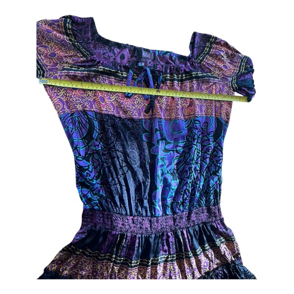 Hale Bob Silk Blend Dress Off Shoulder Patchwork  Purple Peasant Festival Size M - Picture 13 of 16